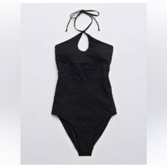 aerie Other - Aerie Real Good One Piece Full Coverage Halter Tie Neck Swimsuit BLACK XL NWT